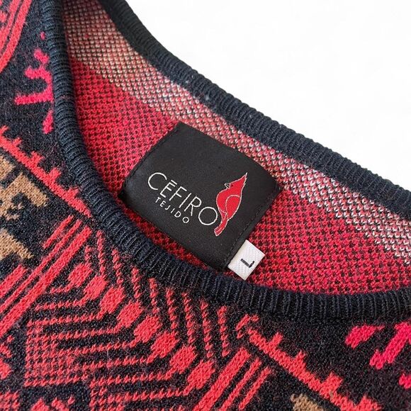 Cefiro Retro red and black wool Aztec knit wool/cotton blend sweater - Picture 2 of 6